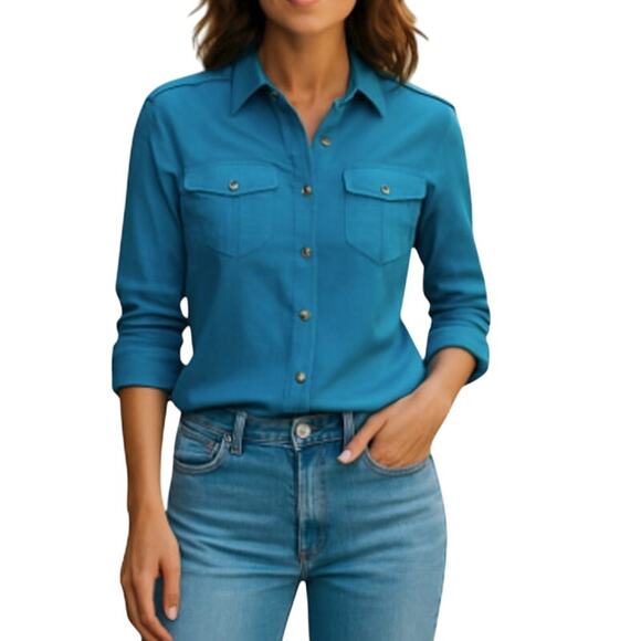 TORY BURCH Brigitte Tab Sleeve Button Up Shirt Sz 0 Blue Classic Office Timeless - Picture 1 of 12